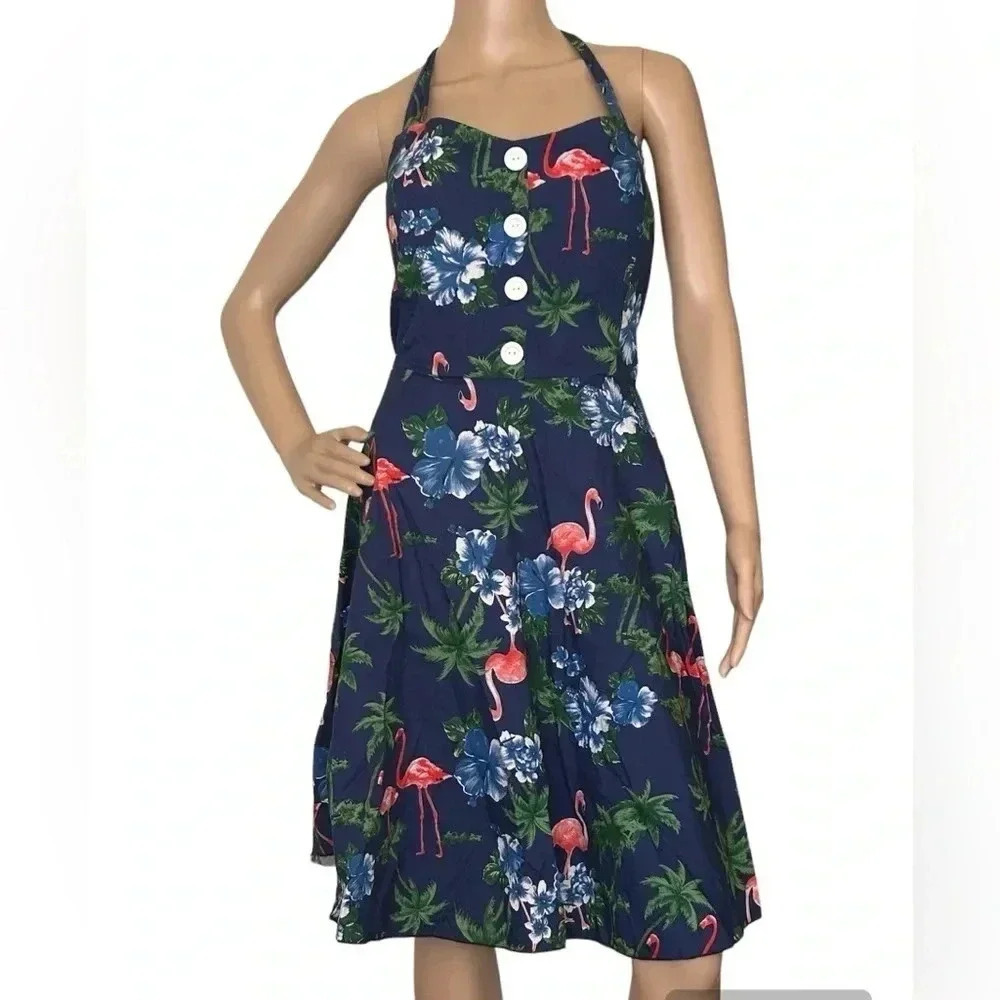 A~Line Sundress Tropical Vintage 3X Floral Smocked Halter Dress Summer Beach EUC